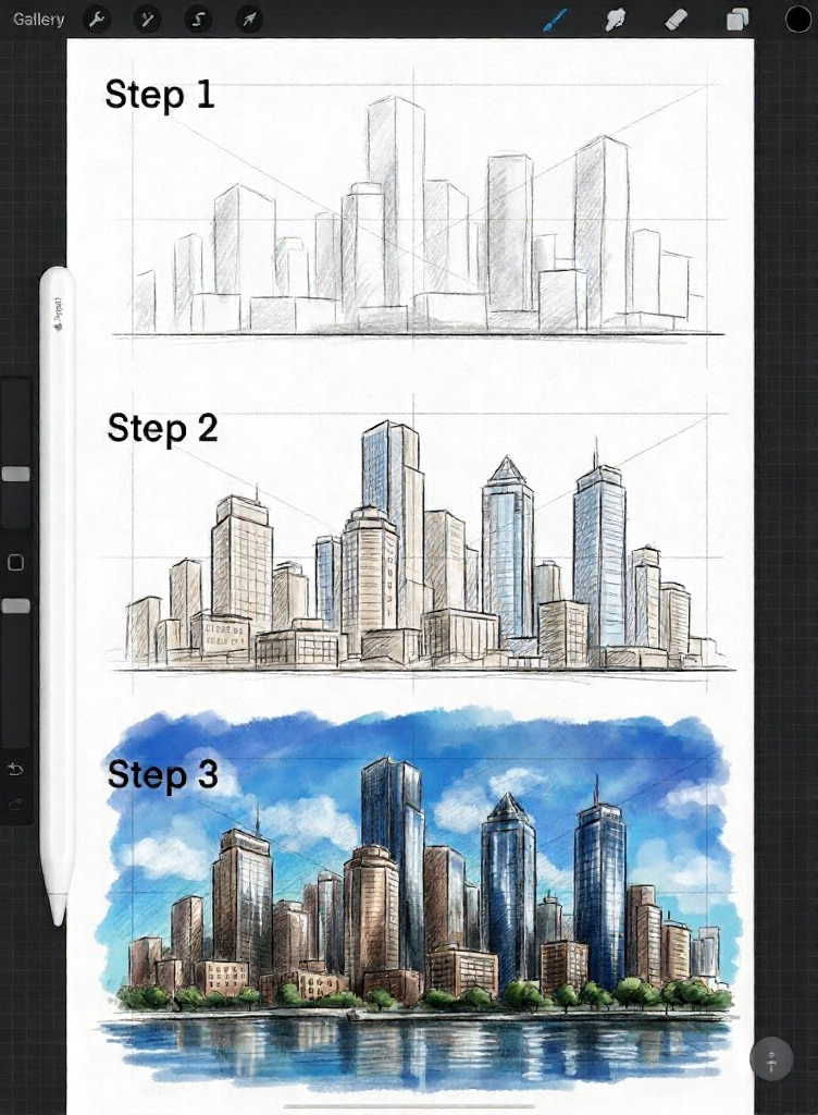 Three-step city skyline drawing tutorial on tablet with stylus — pencil sketch to watercolor rendering.