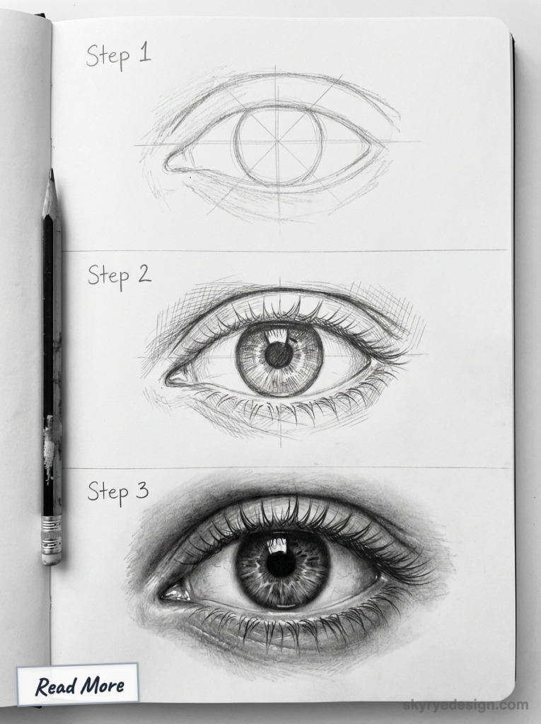 Three-stage pencil drawing tutorial of a realistic human eye in a sketchbook, pencil at left.