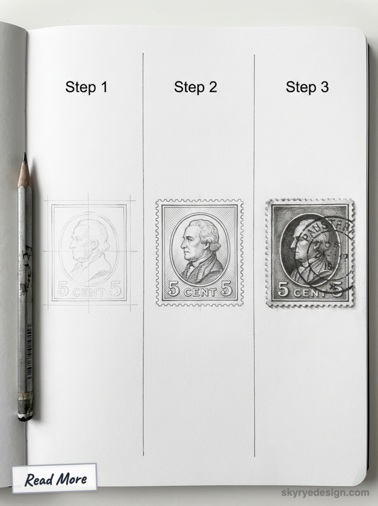 Step-by-step pencil drawing tutorial of a 5-cent postage stamp, from rough sketch to detailed shaded stamp