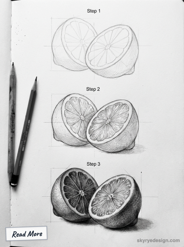 Pencil drawing tutorial: step-by-step sketches of two lemon halves progressing from outline to detailed shading