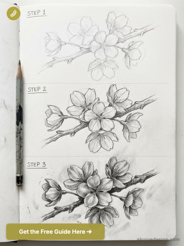 Three-step pencil sketch tutorial in a sketchbook showing a cherry blossom branch progression from outline to detailed shaded drawing.