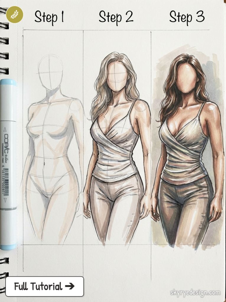 Three-step figure drawing tutorial: female fashion sketch progression from pencil base to full-color marker rendering