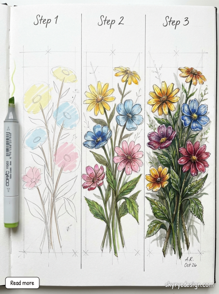 Step-by-step flower illustration: pencil sketch, colored blooms, and finished detailed bouquet in a sketchbook