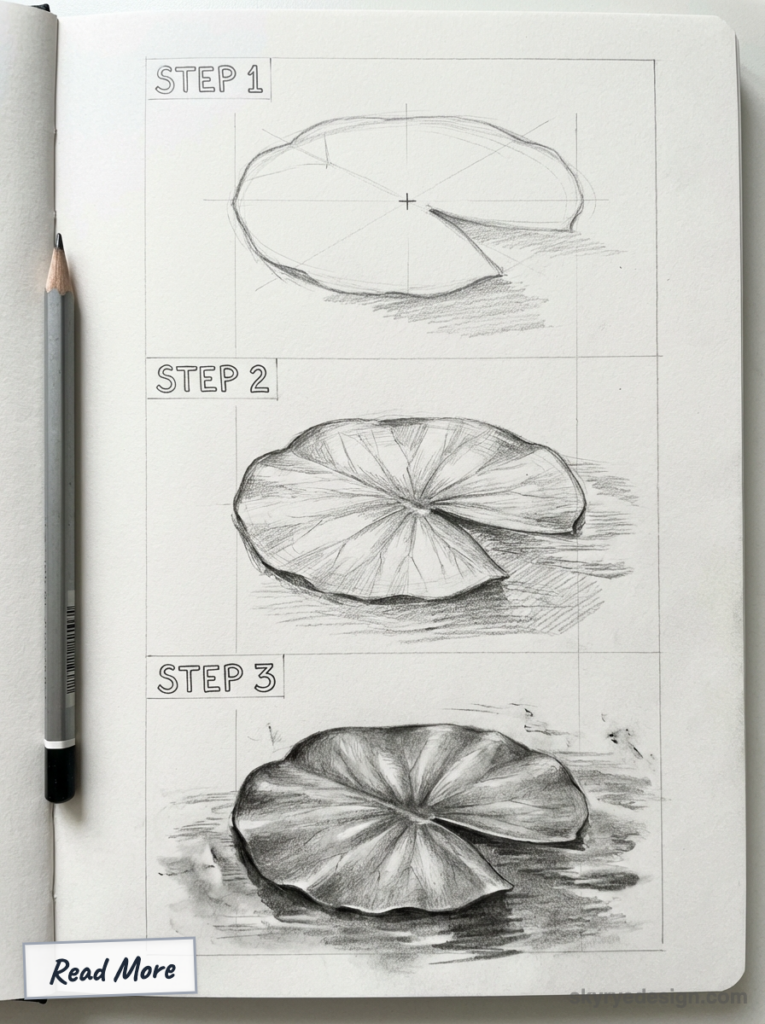 Lily pad sketch tutorial: step-by-step pencil drawing on paper showing three progressive stages