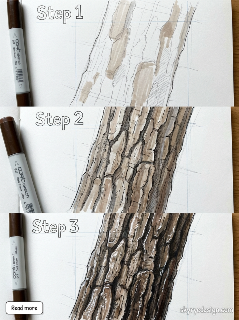 Three-step tree bark drawing tutorial with Copic markers showing progressive texture, shading and highlights