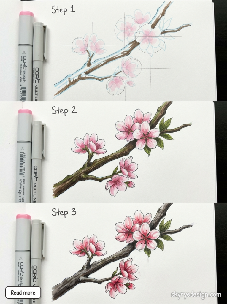 Step-by-step Copic markers tutorial showing sketch to finished pink cherry blossom branch in three stages.