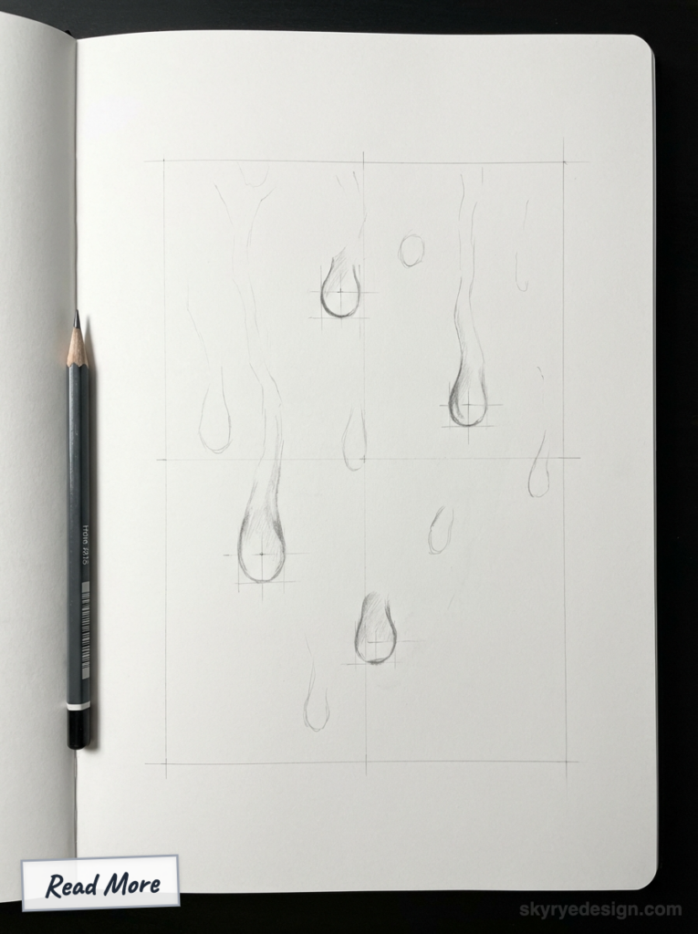 Graphite pencil sketch of falling water droplets on gridded sketchbook page, pencil at left, drawing study