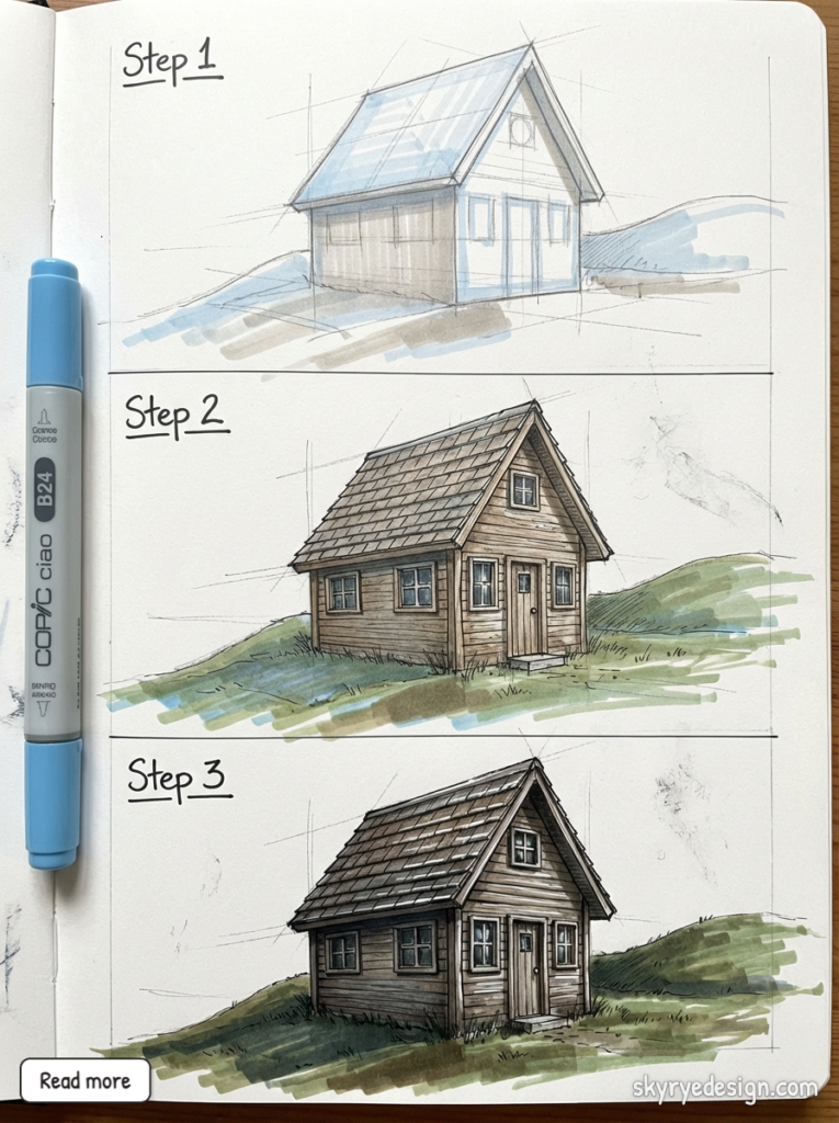 Step-by-step Copic marker sketch progression from rough outline to detailed wooden cottage