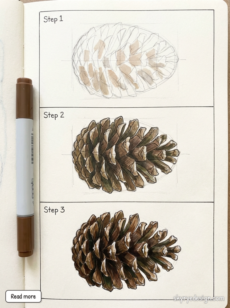 Pinecone drawing tutorial, step-by-step sketchbook showing three stages of shading and detail with a brown marker
