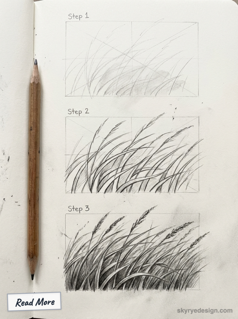 Pencil sketch grass tutorial: three-step drawing of windswept grass in a sketchbook with pencil