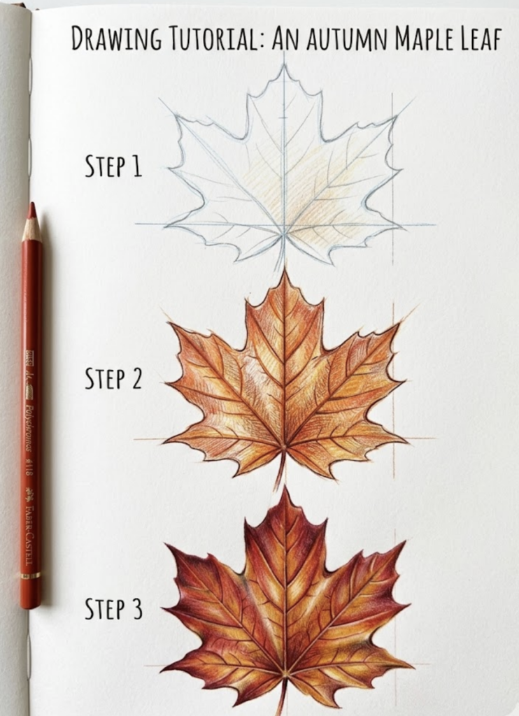 Maple leaf drawing tutorial: step-by-step colored pencil sketch, shaded mid-tone, and finished autumn maple leaf.