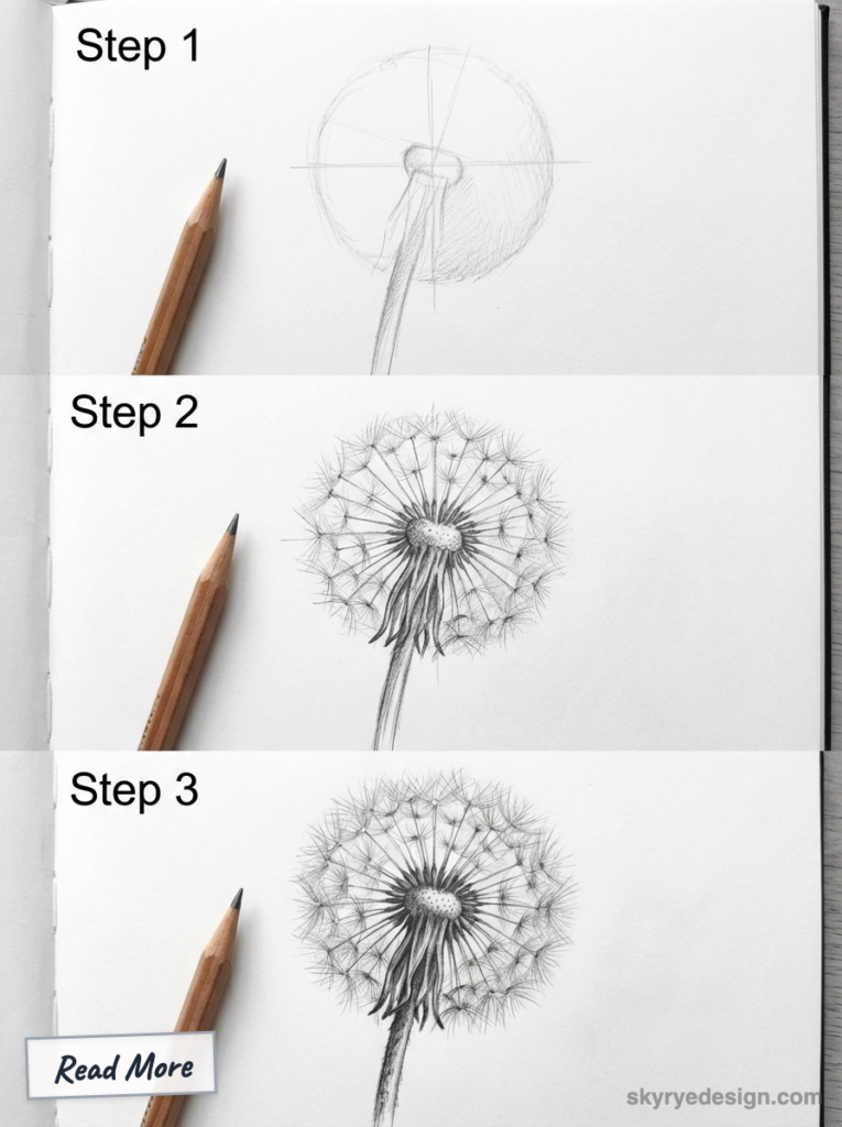Step-by-step pencil drawing tutorial of a dandelion on sketchbook pages with a wooden pencil, labeled Step 1–3.