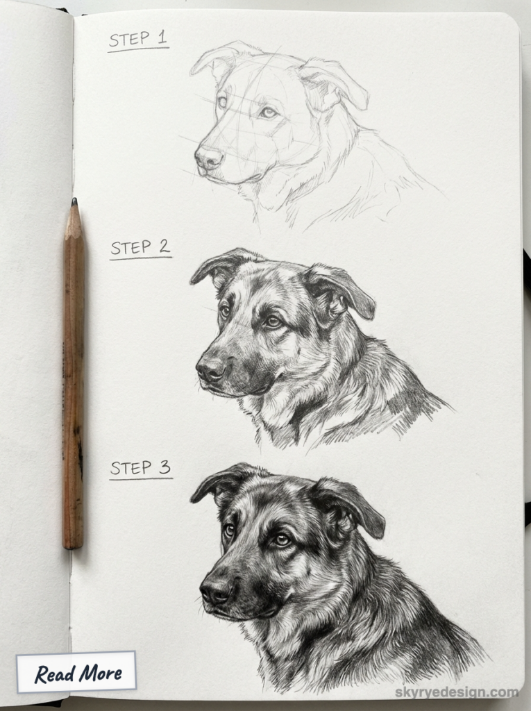 Three-step pencil drawing tutorial showing progression from rough sketch to realistic dog portrait with wooden pencil.