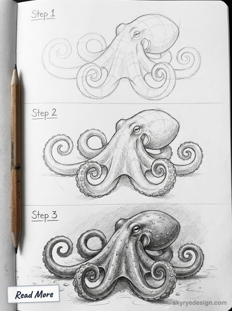 Octopus pencil drawing tutorial in sketchbook — three-step progression from rough outline to detailed shaded illustration