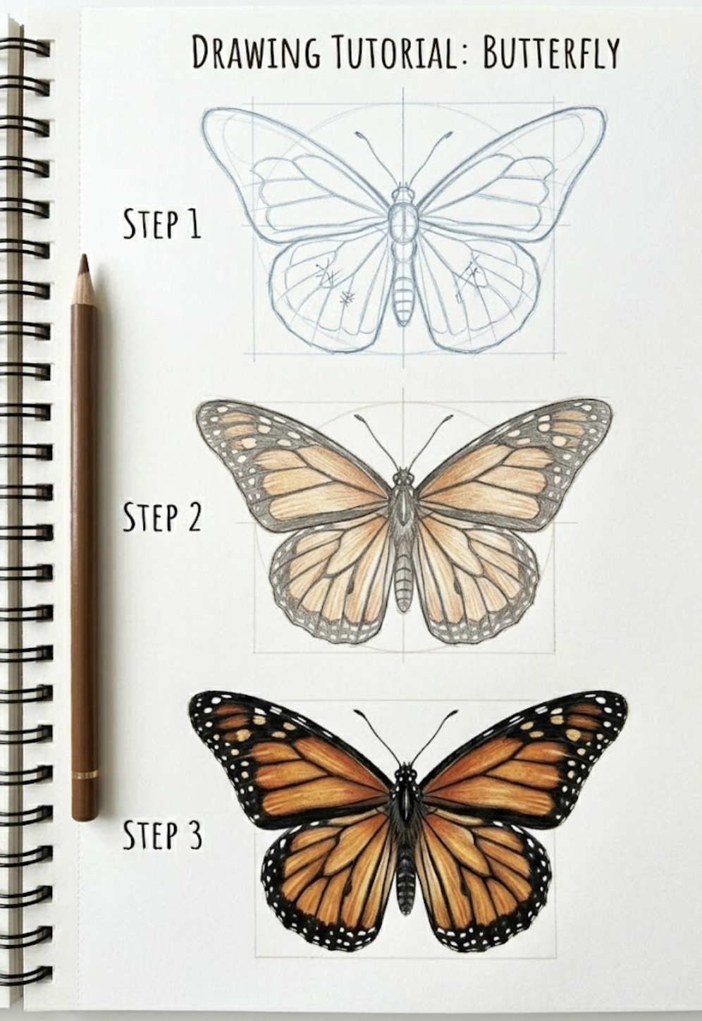 Butterfly drawing tutorial: step-by-step pencil sketch, shaded rendering and colored monarch on sketchbook.