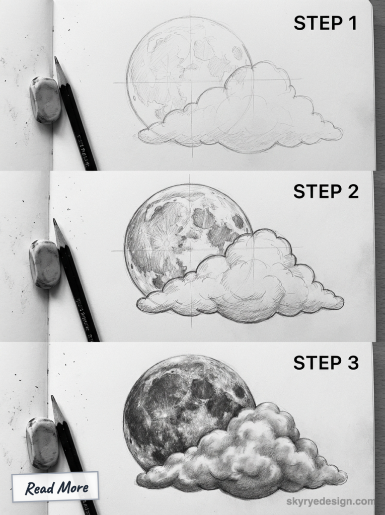 Step-by-step pencil drawing tutorial of a moon behind clouds with pencils and eraser, showing stages 1–3.
