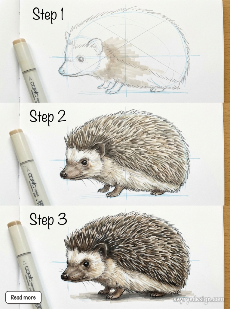 Hedgehog drawing tutorial — three-step sketch to final detailed spines with Copic marker shading