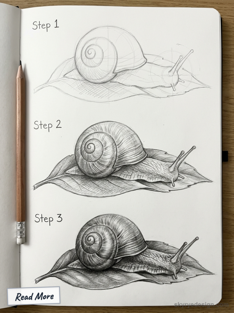 Pencil drawing tutorial: step-by-step snail on a leaf in a sketchbook, three stages.