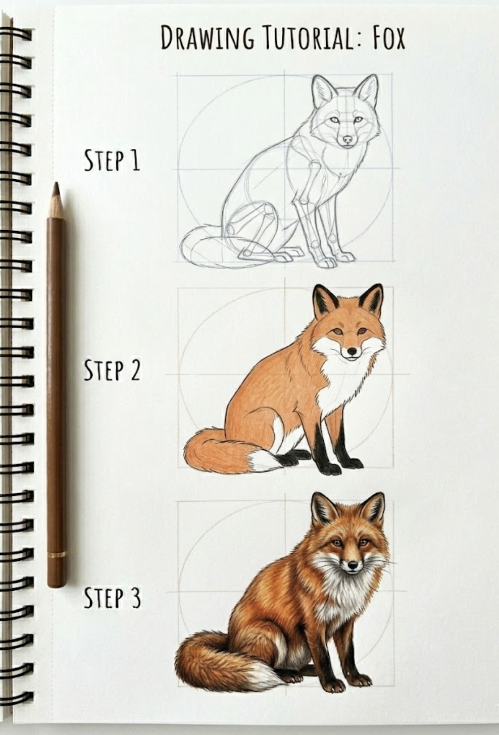 Fox drawing tutorial: three steps from rough sketch to flat color to realistic fur, shown in spiral sketchbook with pencil