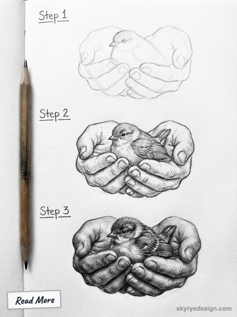 Step-by-step pencil drawing tutorial: three stages of hands holding a small bird, shown with pencil and 'Read More' tag