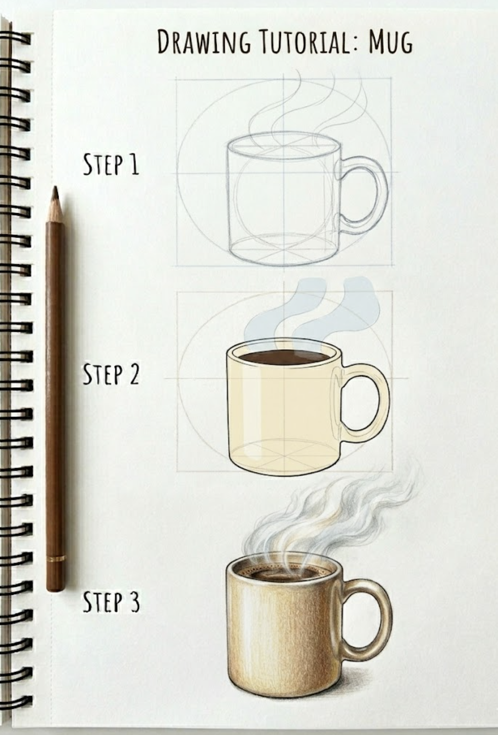 Mug drawing tutorial: step-by-step sketchbook guide showing pencil construction, mid-tone coloring, and final shaded coffee mug with steam
