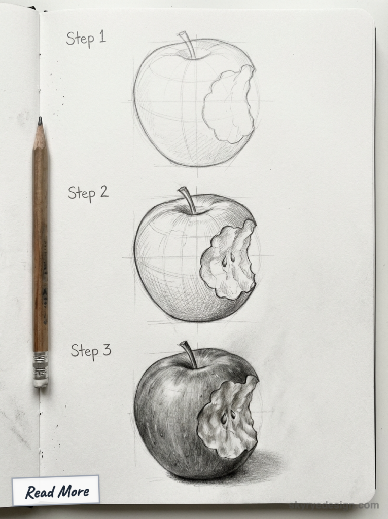 Step-by-step pencil sketch tutorial showing three stages of a bitten apple drawing in a sketchbook with pencil.