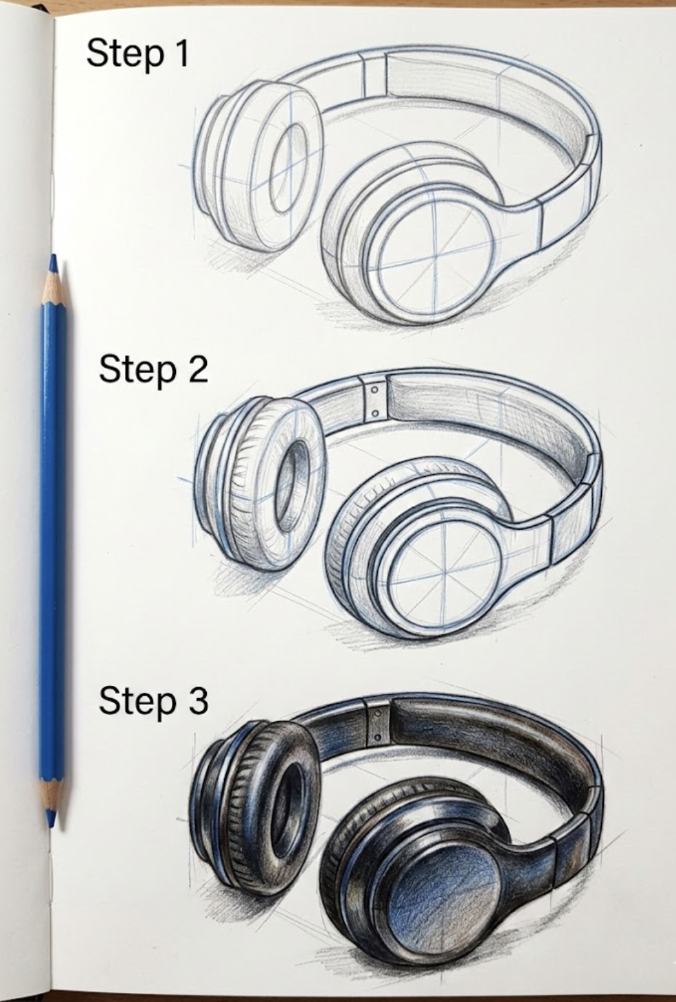 Step-by-step pencil sketch tutorial of over-ear headphones in three stages on sketchbook page with blue pencil