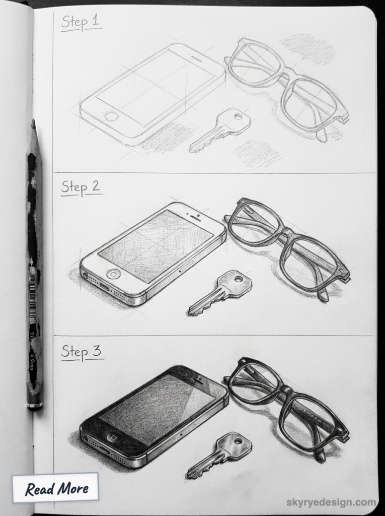 Three-step pencil sketch tutorial showing a smartphone, eyeglasses, and a key on a sketchbook page