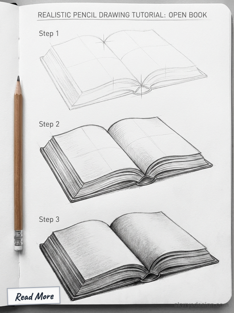 Pencil drawing tutorial: open book, step-by-step sketches 1-3 with wooden pencil