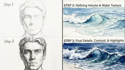 Split art tutorial: pencil portrait steps on left and watercolor ocean waves with volume, contrast, and highlights on right.