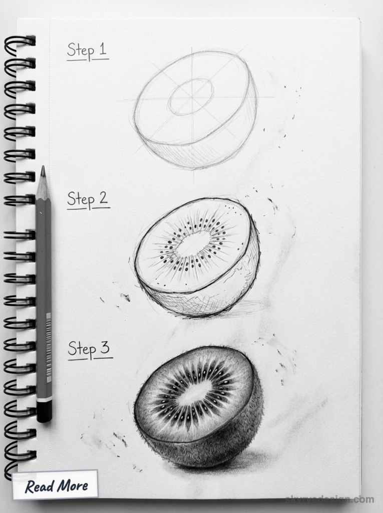 Kiwi drawing tutorial: pencil sketch step-by-step of a halved kiwi in spiral sketchbook with pencil