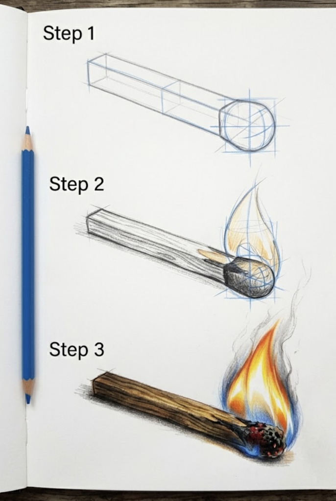Match drawing tutorial: step-by-step colored pencil guide from sketch to realistic burning match with flame.