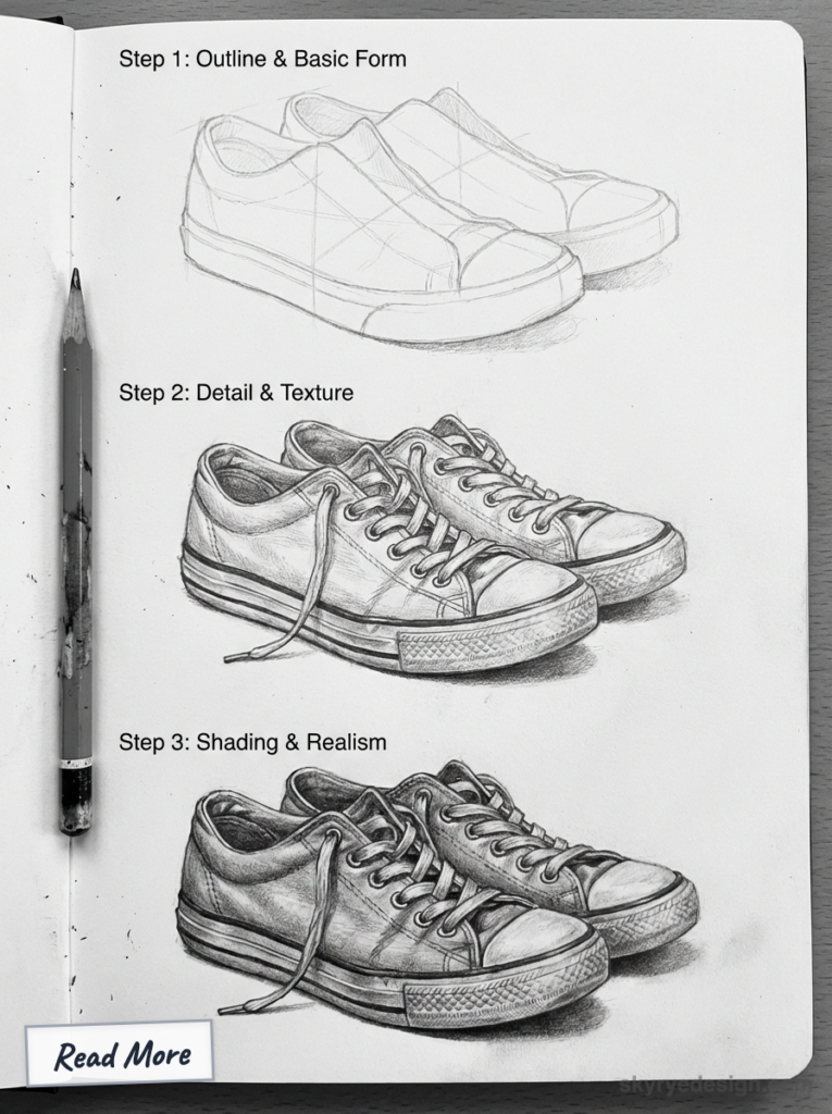 Sneaker drawing tutorial: step-by-step pencil sketches showing outline, details, and realistic shading on sketchbook
