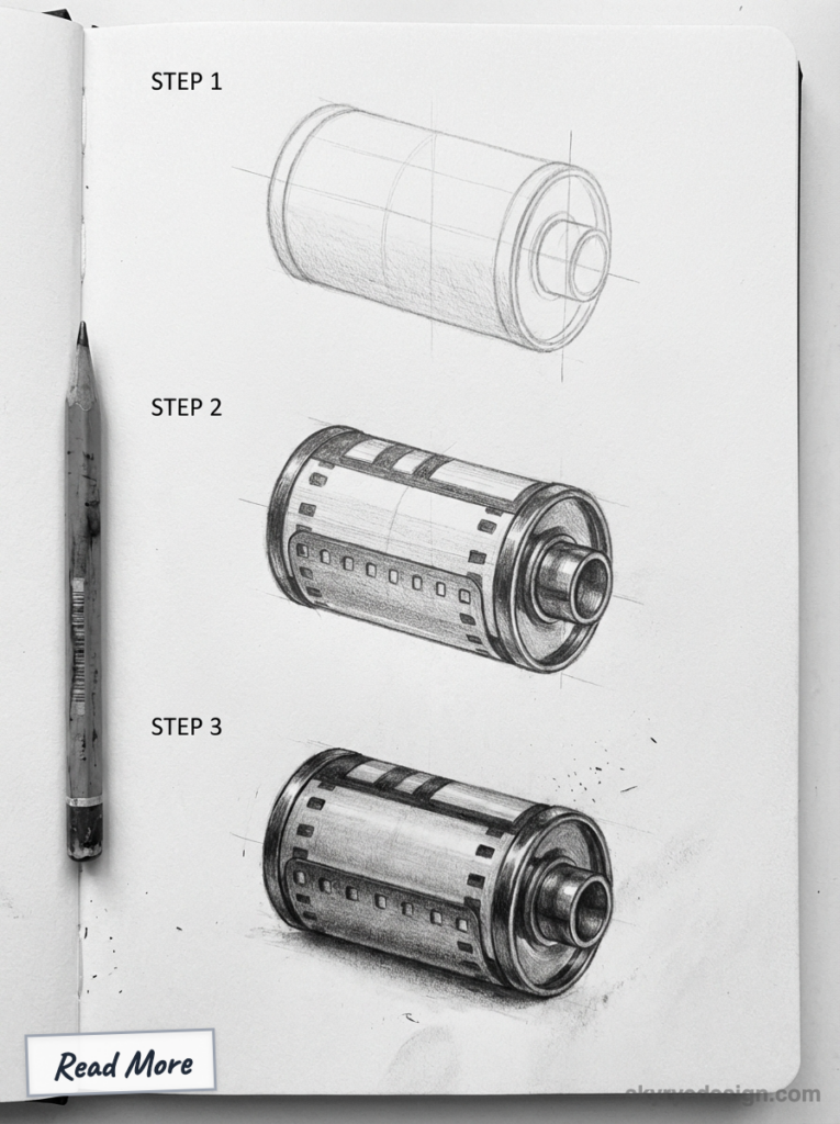 Step-by-step pencil sketch tutorial of a 35mm film canister in a sketchbook with pencil, three progressive drawings