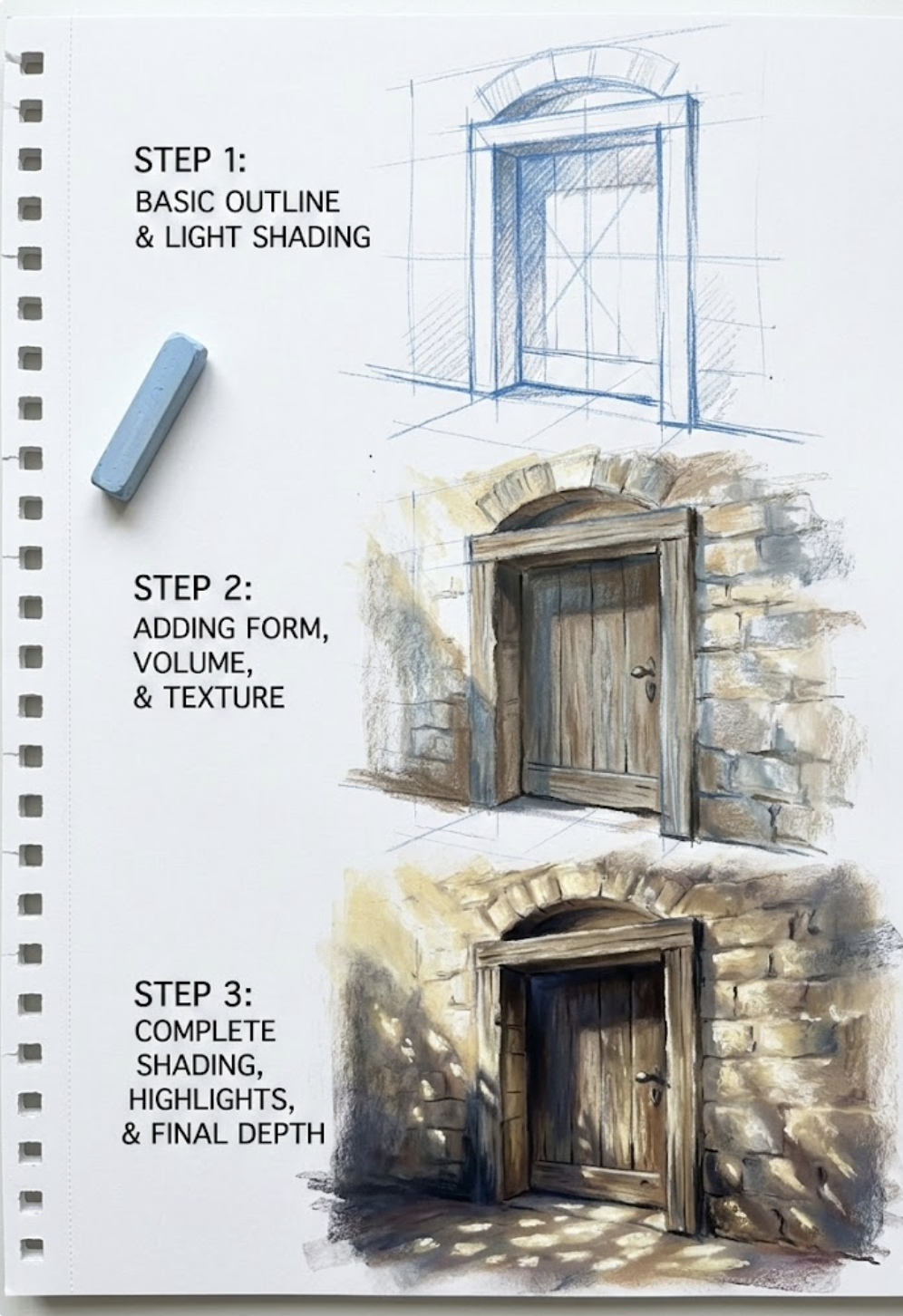 Three-step sketch tutorial of an arched wooden doorway: outline, added form and texture, finished shading and highlights
