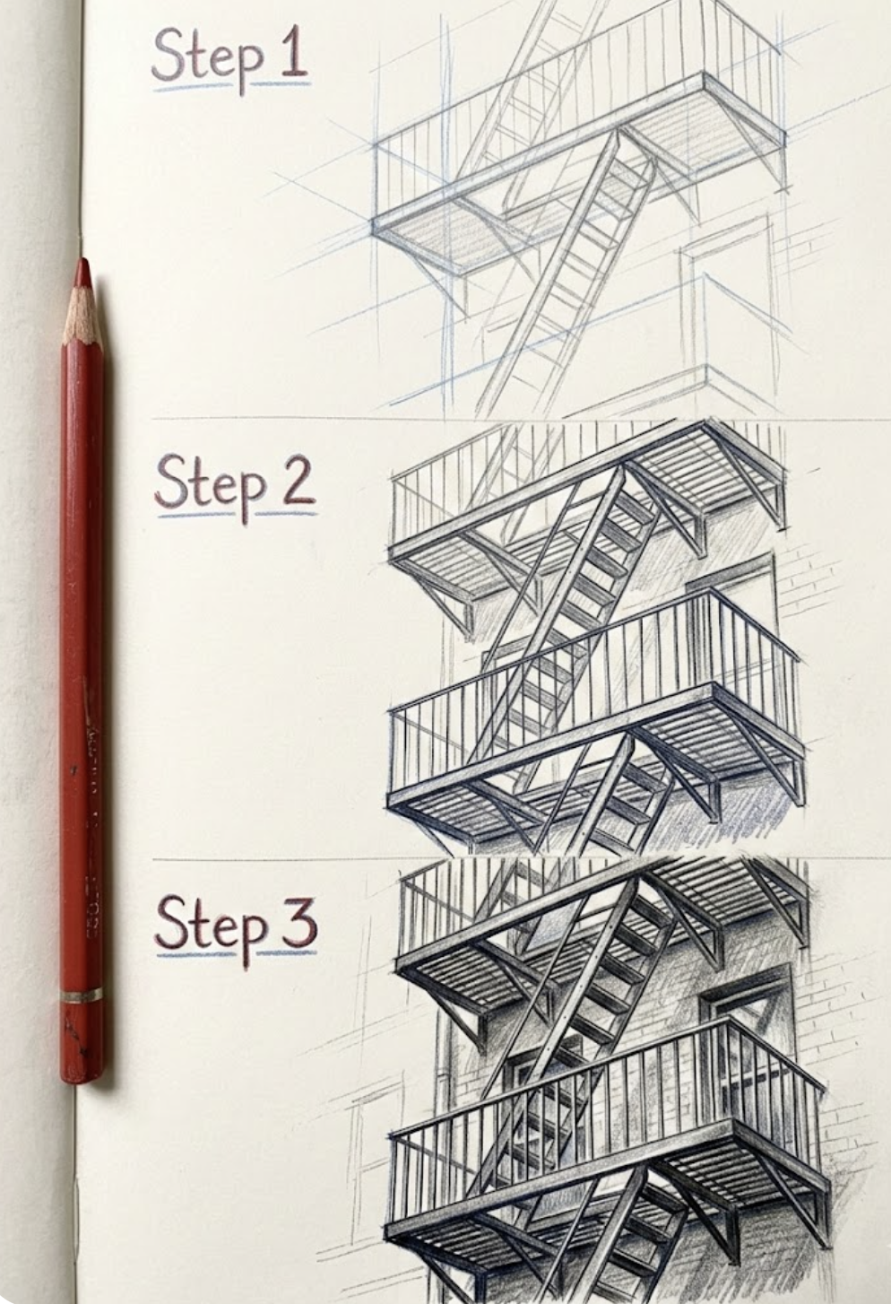 Three-step pencil tutorial showing progressive sketches of a building fire escape, from rough lines to detailed shading.