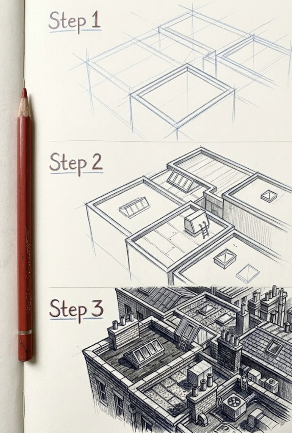 Three-step pencil tutorial of isometric urban rooftop sketches, from blue construction lines to fully shaded detailed roofs.