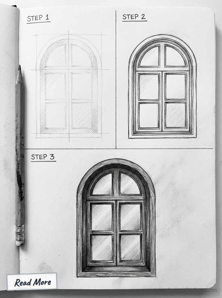 Arched window drawing tutorial: three-step pencil sketches in a sketchbook with pencil beside.