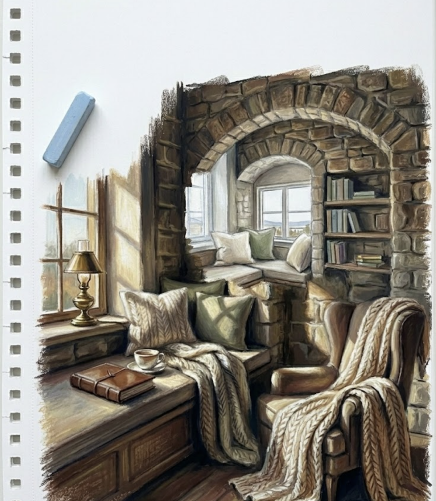 Cozy rustic reading nook with stone-arch window, cushioned window seat, armchair, knit throw, book and cup.