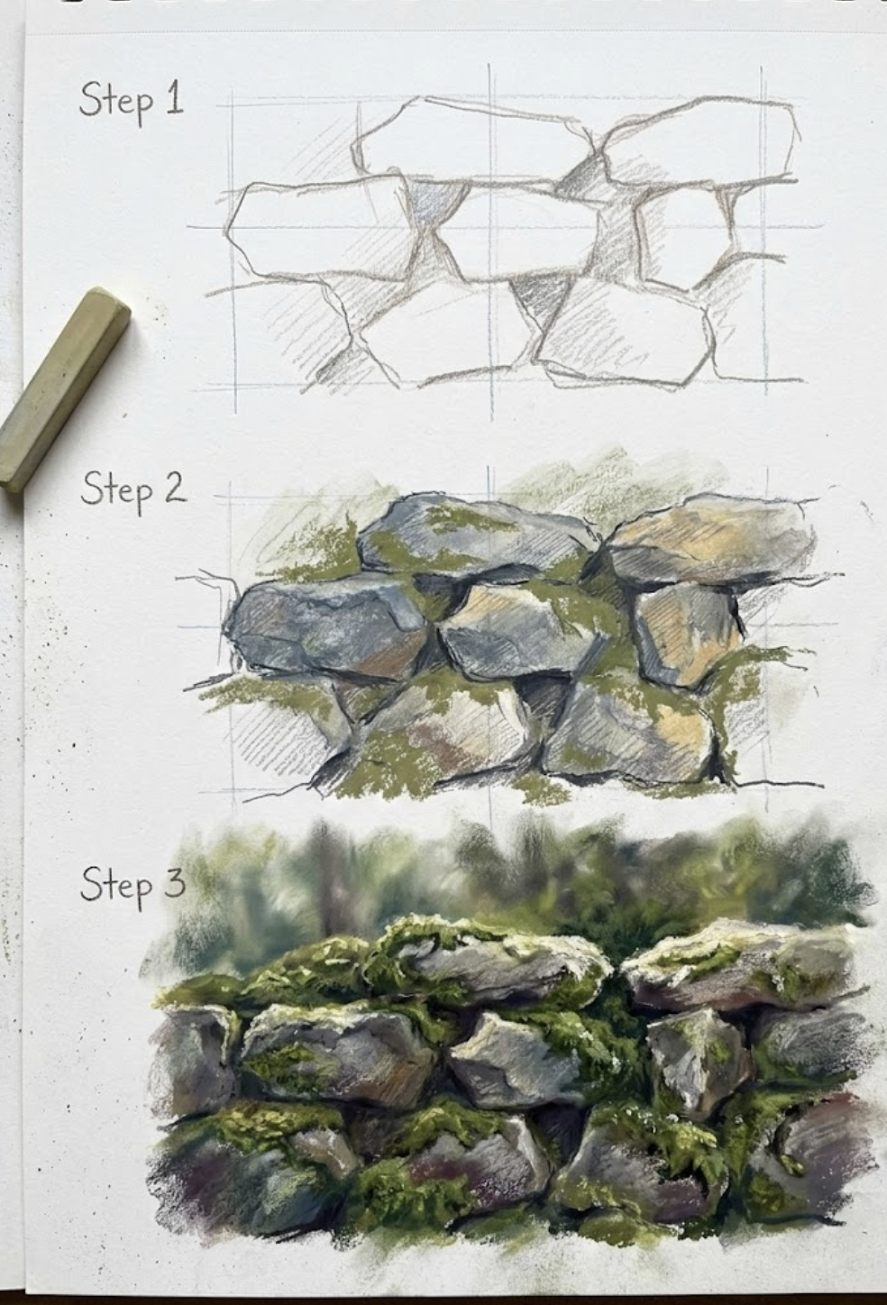 Three-step tutorial: pencil sketch to painted realistic moss-covered stone wall with grid and shading