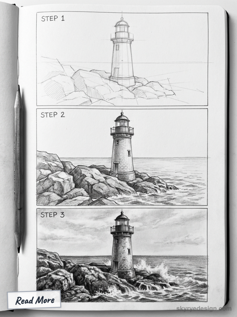 Step-by-step lighthouse pencil sketch tutorial in a sketchbook, showing rocky shore and crashing waves.