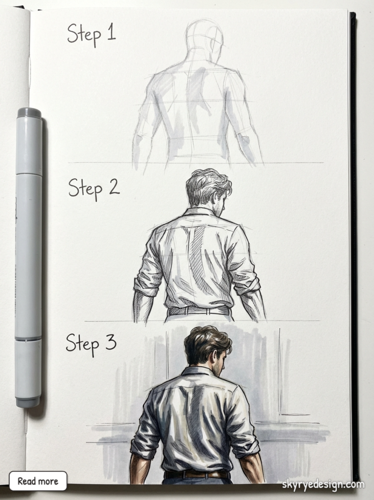 Step-by-step sketch tutorial of a man’s back view in pencil and marker, showing construction, ink details, and colored shading