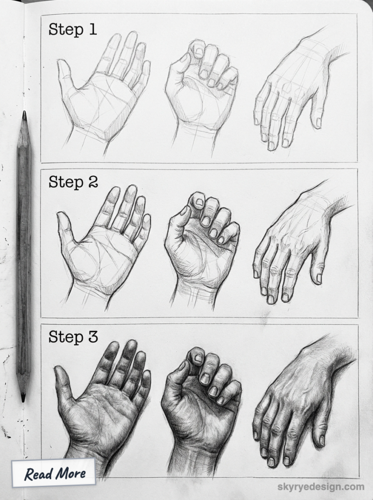 Step-by-step pencil tutorial showing three stages of realistic hand sketches: palm, fist, and back view