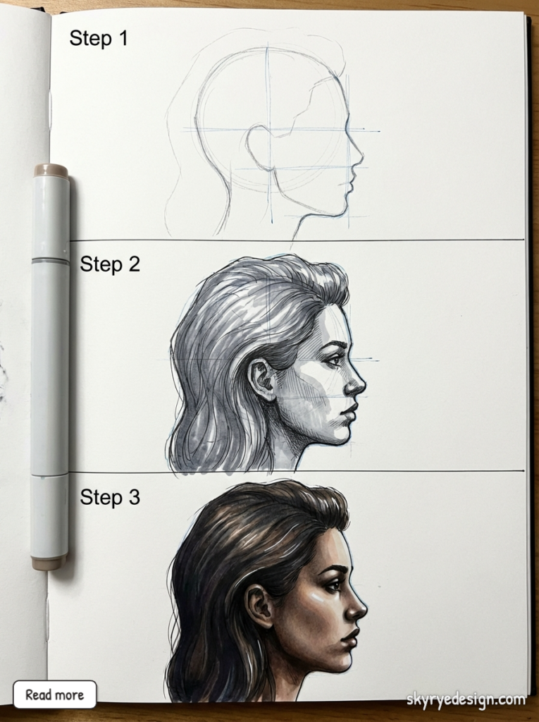 Step-by-step portrait tutorial: woman side profile from construction grid to shaded sketch to realistic full-color rendering.