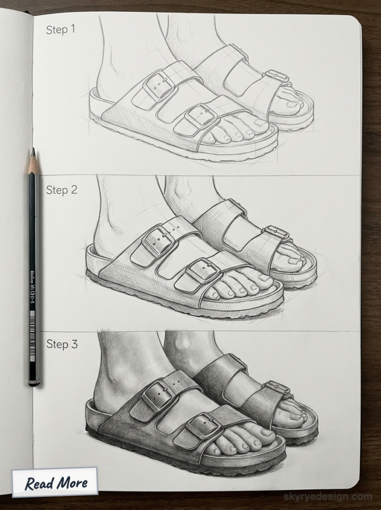 Step-by-step pencil drawing of feet wearing double-strap buckle sandals in a sketchbook, pencil beside.