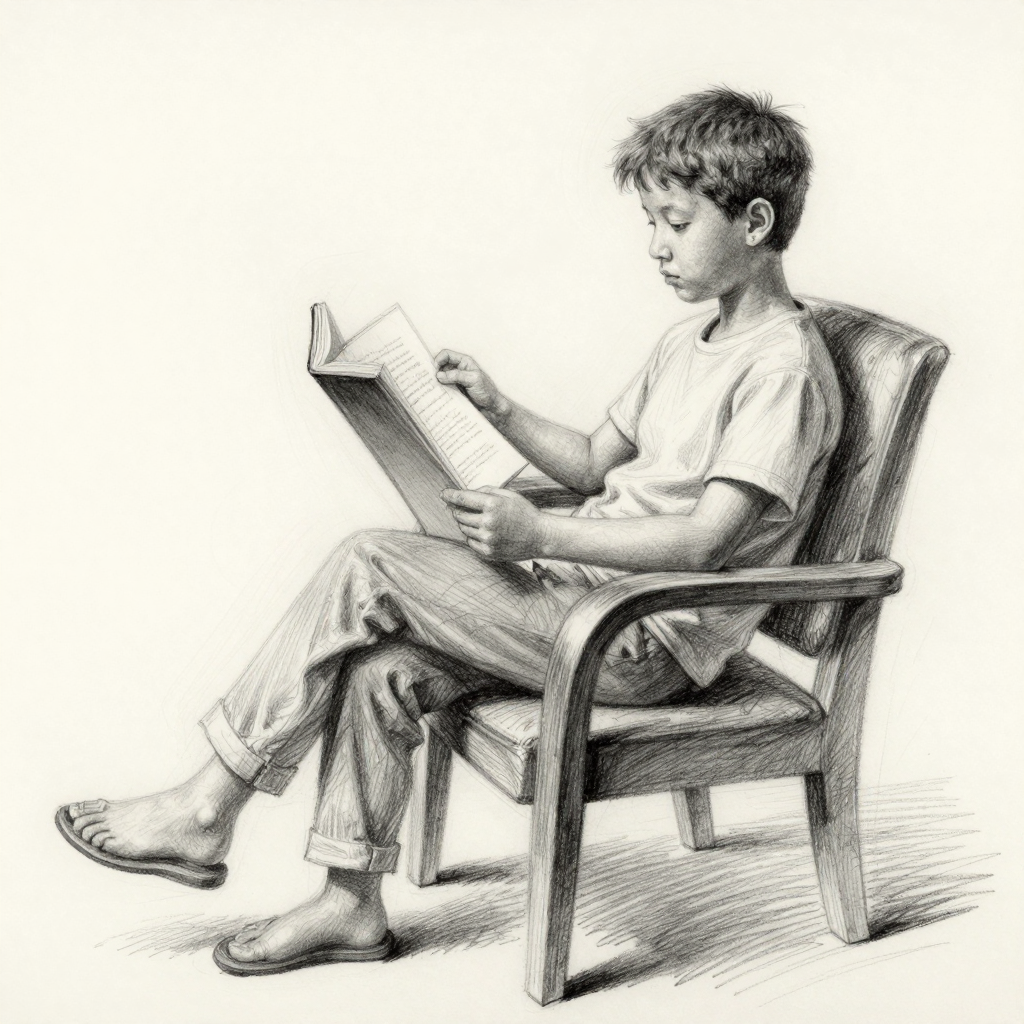 Boy reading book: pencil sketch of a young boy seated in a chair, casual clothes and sandals