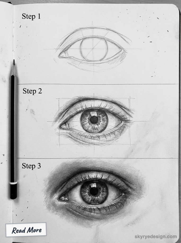 How to draw a realistic eye: step-by-step pencil sketch tutorial showing three stages in a sketchbook
