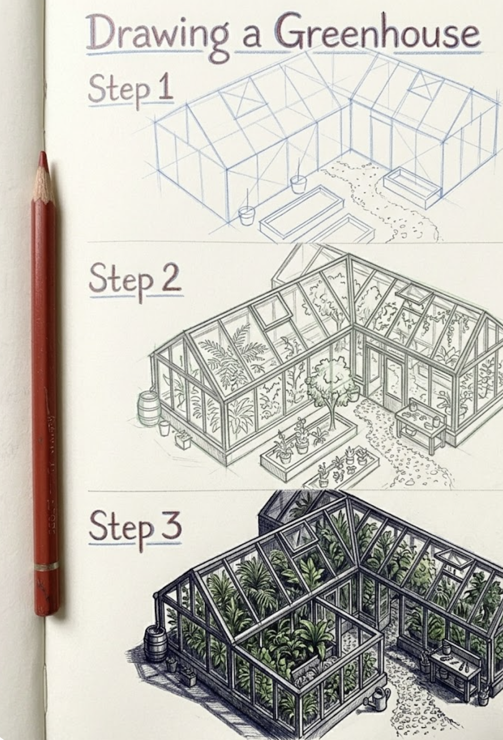 Step-by-step greenhouse drawing tutorial: three sketches from construction lines to detailed shaded greenhouse full of plants