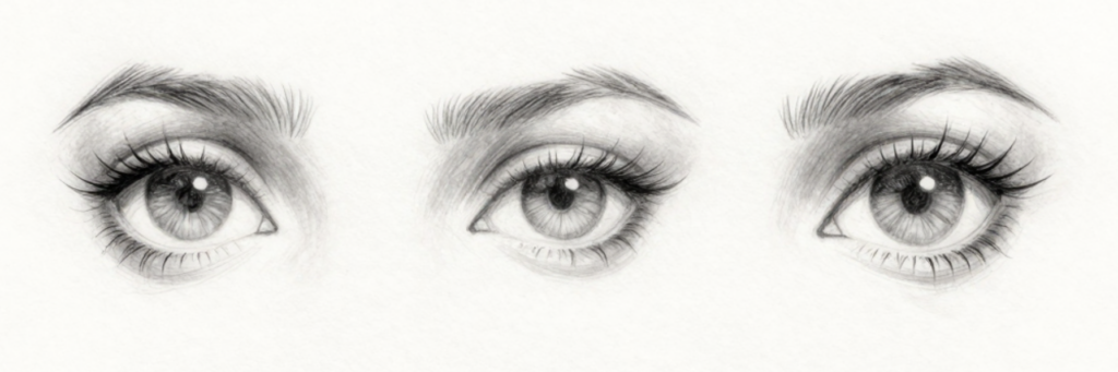 Three realistic pencil sketches of eyes with detailed irises, lashes and brows on white background - hand-drawn eye study.