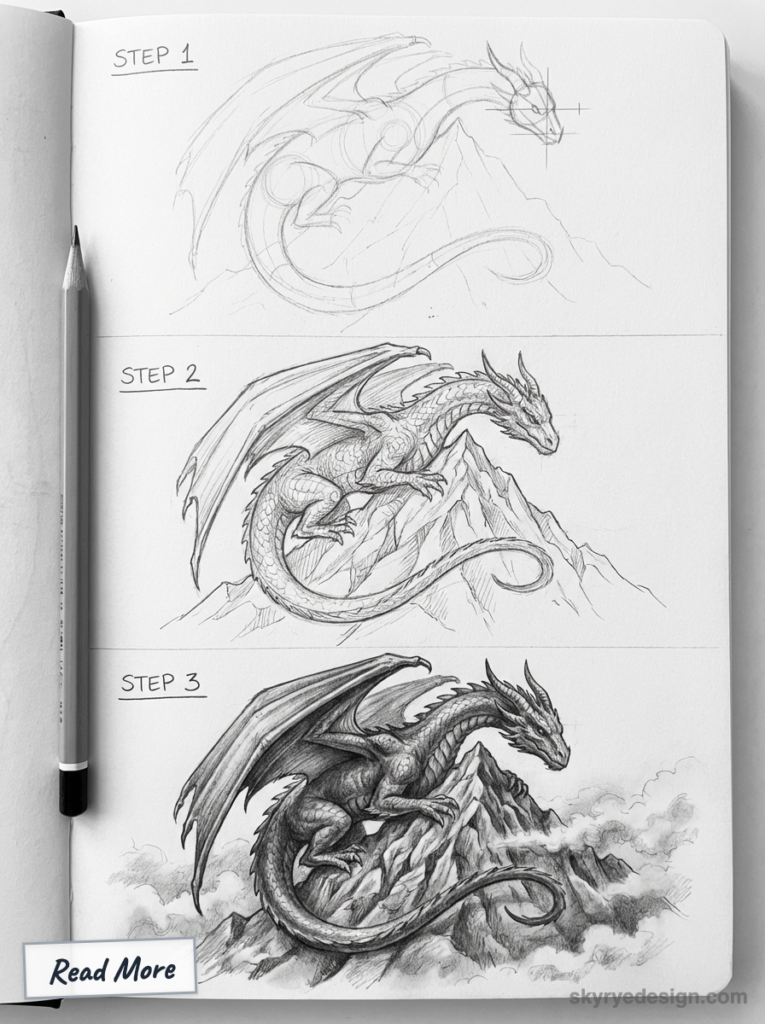 Step-by-step pencil drawing tutorial of a dragon perched on mountains in a sketchbook, showing three stages.